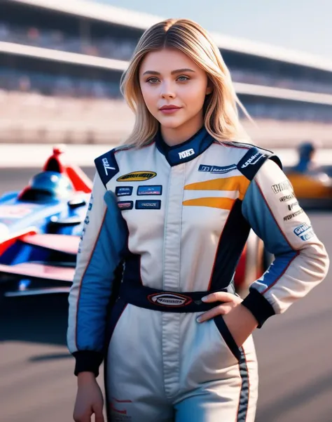 ChloeGraceMoretz,<lora:ChloeGraceMoretzSDXL:1> perfect anime illustration, 1girl, braided hair, medium hair, medium breasts, sidehair, racecar driver, ((firesuit, race track, car)), nascar, f1, indycar, (outdoors, speedway, track), standing next to a racing vehicle, hand on hip, good posture, looking at viewer. created by Artgerm, volumetric lighting, 8k, hdr, holga, 300mm lens f3. 5, aesthetic, unsharpened
