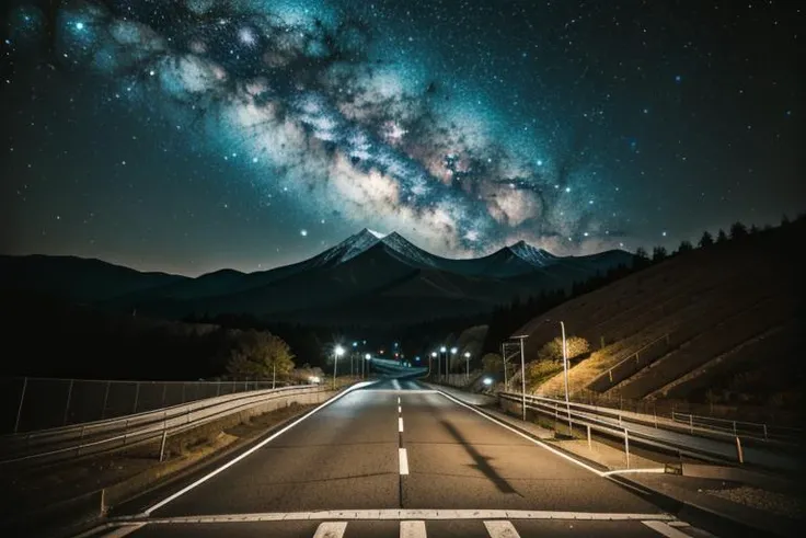 <lora:WallpaperFusion-000009:1>, photo \(medium\), masterpiece, best quality, perfect anatomy, HD, landscape shot, Wallpaper Fusion, vibrant, dark, overly detailed, night, night sky, clear sky, black sky, starry sky, stars, road, countryside, remote, mountain, cliffs, hilltop, hillside, hills, rocks, overlook, high velocity, road signs, wood rails, wood fence, Japan, Japanese, touge, racetrack, no humans, centered