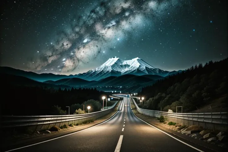 <lora:WallpaperFusion-000009:1>, photo \(medium\), masterpiece, best quality, perfect anatomy, HD, landscape shot, Wallpaper Fusion, vibrant, dark, overly detailed, night, night sky, clear sky, black sky, starry sky, stars, road, countryside, remote, mountain, cliffs, hilltop, hillside, hills, rocks, overlook, high velocity, road signs, wood rails, wood fence, Japan, Japanese, touge, racetrack, no humans, centered
