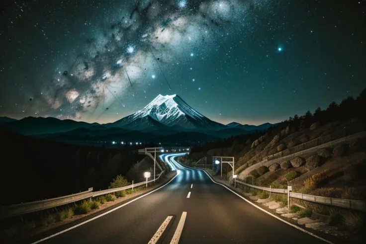 <lora:WallpaperFusion-000009:1>, photo \(medium\), masterpiece, best quality, perfect anatomy, HD, landscape shot, Wallpaper Fusion, vibrant, dark, overly detailed, night, night sky, clear sky, black sky, starry sky, stars, road, countryside, remote, mountain, cliffs, hilltop, hillside, hills, rocks, overlook, high velocity, road signs, wood rails, wood fence, Japan, Japanese, touge, no humans, centered