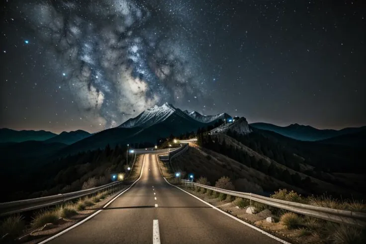 <lora:WallpaperFusion-000009:1>, photo \(medium\), masterpiece, best quality, perfect anatomy, HD, landscape shot, Wallpaper Fusion, vibrant, dark, overly detailed, night, night sky, clear sky, black sky, starry sky, stars, road, countryside, remote, mountain, cliffs, hilltop, hillside, hills, rocks, overlook, high velocity, road signs, wood rails, wood fence, Japan, Japanese, touge, racetrack, curvy, no humans, centered