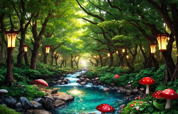 Wallpaper Fusion, ((forest scenery)), ((magical forest)), at night, natural lanterns hanging from the trees, mushrooms, beautiful glow, masterpiece, best quality