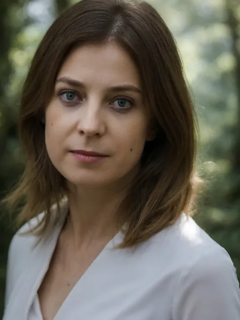 a portrait photo of woman poklonskaya, looking at camera, forest, fog, light rays, bokeh, 4k, high detailed <lora:poklonskaya:1>