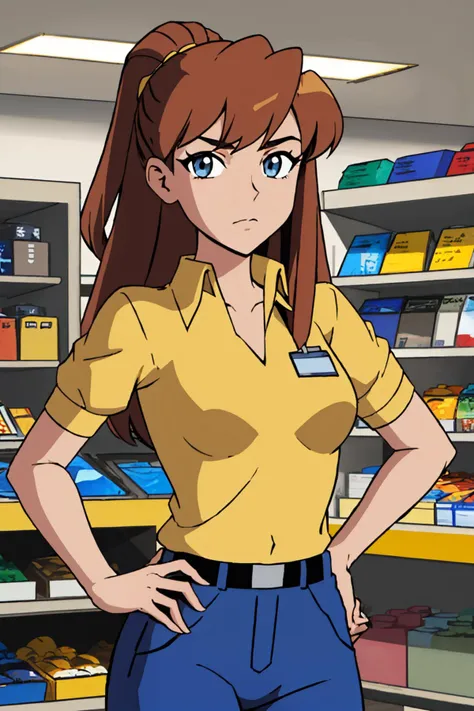 a woman in a yellow shirt and blue pants stands in a store