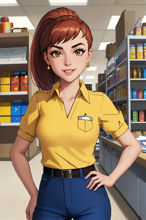 (masterpiece, best quality:1.2), solo, 1girl, clerkgirl, smile, looking at viewer, hands on hips, v-shaped eyebrows, yellow shirt, blue pants <lora:clerkgirl-tt-richy-v1:1>