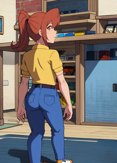 (masterpiece, best quality, beautiful detailed eyes, cinematic lightining), adult, 
1girl, solo,   standing, full body, from behind, 
 <lora:clerkgirl-tt-richy-v1_reg_3:1> clerkgirl, yellow shirt, blue pants, name tag