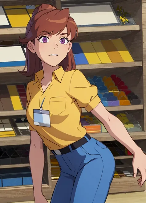 (masterpiece, best quality, beautiful detailed eyes, cinematic lightining), adult,
1girl, solo, cowboy shot, from side, leaning forward,
<lora:clerkgirl-tt-richy-v1_reg_3:1> clerkgirl, yellow shirt, blue pants, name tag,