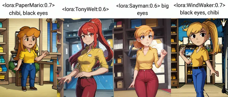 (masterpiece, best quality, beautiful detailed eyes, cinematic lightining), adult,
1girl, solo, standing,
<lora:clerkgirl-tt-richy-v1_reg_3:1> clerkgirl, yellow shirt, blue pants
<lora:PaperMario:0.7> chibi, black eyes