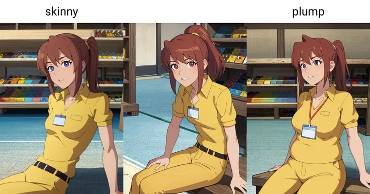 (masterpiece, best quality, beautiful detailed eyes, cinematic lightining), adult,
1girl, solo, cowboy shot, sitting, (skinny:1.2),
<lora:clerkgirl-tt-richy-v1_reg_3:1> clerkgirl, yellow shirt, blue pants, name tag,