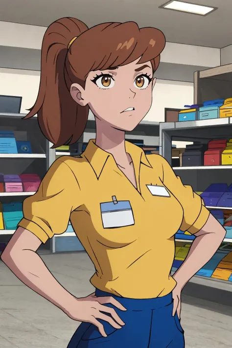 clerkgirl, masterpiece, best quality, 1girl, solo, <lora:clerkgirl-tt-richy-v1_reg_3:1> yellow shirt, blue pants, name tag, hands on hips, brown eyes