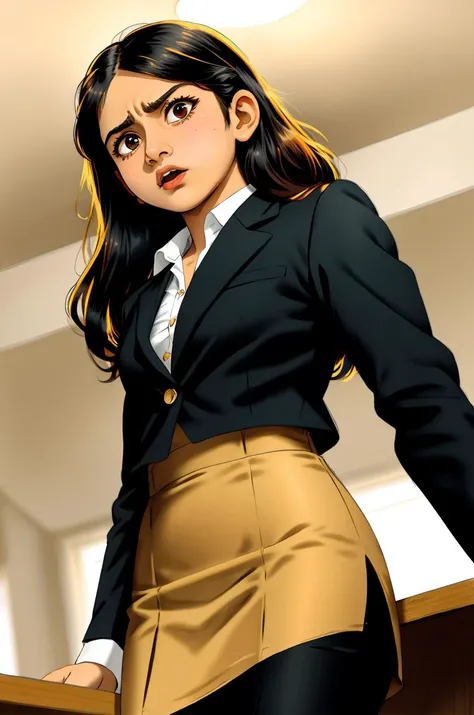 tv_Generic_25yo_Pakistani, , angry expression, wearing a pencil skirt, wearing a dress shirt, wearing a blazer, standing at the edge of a conference table, shot from below, cowboy shot, , 8k resolution, highres, high detail, sharp focus, , 8k uhd,
