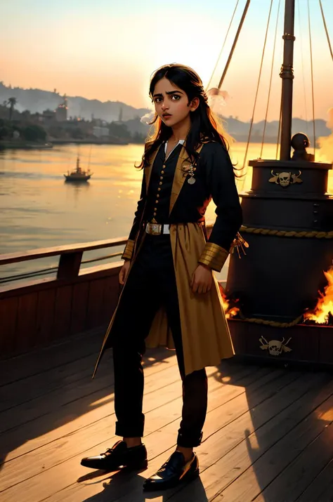 tv_Generic_25yo_Pakistani, , haughty expression, wearing a pirate costume, on the deck of a pirate ship, in the golden hour, fire, smoke, debris, full body shot, , 8k resolution, highres, high detail, sharp focus, , 8k uhd,