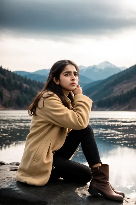 RAW phtograph, tv_Generic_25yo_Pakistani, , sad expression, wearing a winter coat, wearing winter pants, wearing winter boots, sitting on a rock by a frozen mountain lake, midnight, moonlight, shot from the side, photographed on a Canon EOS R5, 50mm lens,  F/2.8, HDR, 8k resolution, highres, high detail, sharp focus, , photography, 8k uhd,
