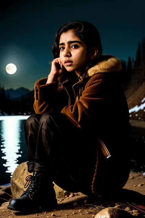 tv_Generic_25yo_Pakistani_v2 , , sad expression, wearing a winter coat, wearing winter pants, wearing winter boots, sitting on a rock by a frozen mountain lake, midnight, moonlight, shot from the side,, photographed on a Canon EOS R5, 50mm lens, F/2.8, HDR, 8k resolution, highres, high detail, sharp focus, , photography, 8k uhd,