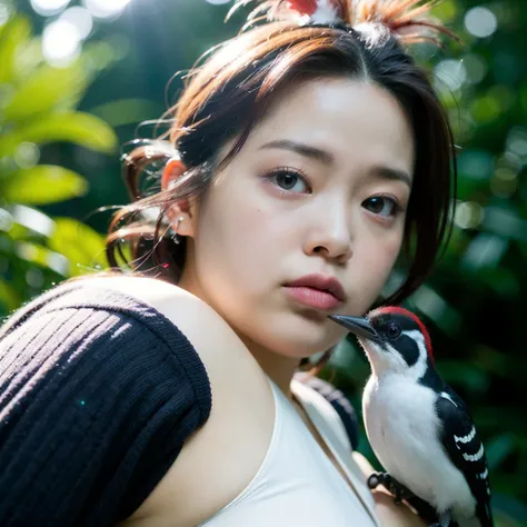 photograph, intricate details, Witty morbidly obese Franziska with a Woodpecker, Voyeuristic hair styled as Mohawk, at Dusk, film grain, Sony A7, Circular polarizer, <hypernet:CMppoi:0.8>