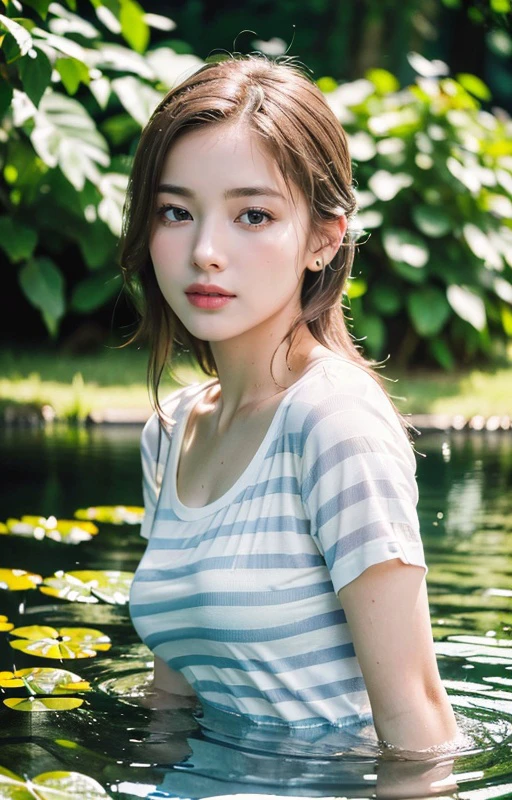 closeup headshot of S148_EmmaWhite, a beautiful woman, swimming in a (deep-pond:1.2), wearing a (striped t-shirt:1.2), (8k, RAW photo, best quality, depth of field, ultra high res:1.2), (absurdres, intricate, photorealistic, masterpiece, ultra-detailed:1.3)