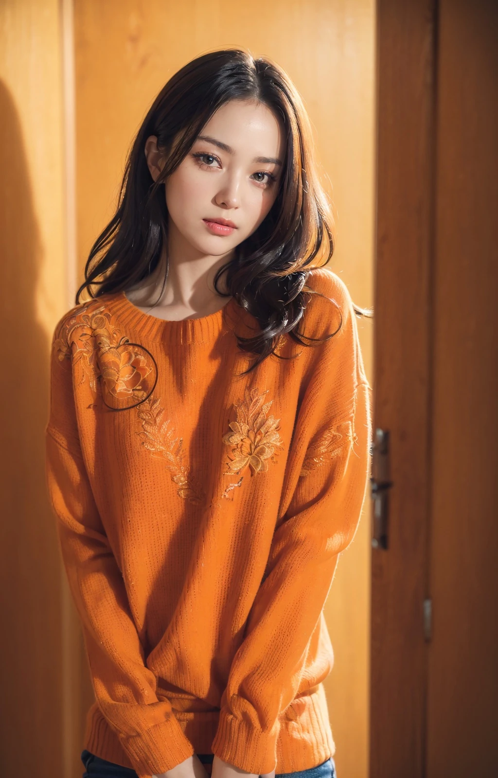 photo of a beautiful woman, in a (small room:1.2), wearing an (orange-sweater:1.2), (8k, RAW photo, best quality, depth of field, ultra high res:1.2), (absurdres, intricate, photorealistic, masterpiece, ultra-detailed:1.3)