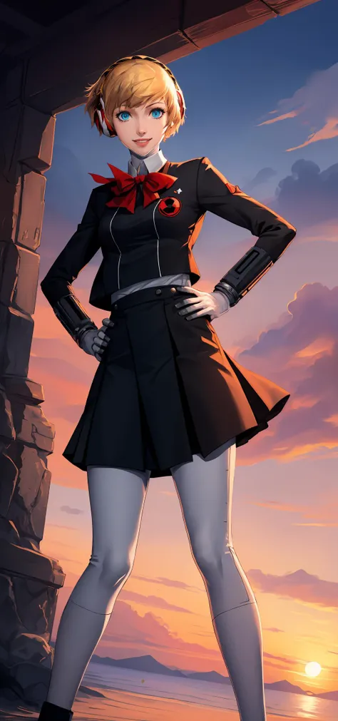 (masterpiece, best quality:1.2), <lora:persona3_aigis-12:1>, dutch angle, solo, 1girl, (aegis \(persona\)), android, robot joints, smile, looking at viewer, full body, headphones, school uniform, skirt, red bow, (right hand on hip), (left hand with peace v), dynamic pose, sunset, school, <lyco:GoodHands-beta2:1.0>