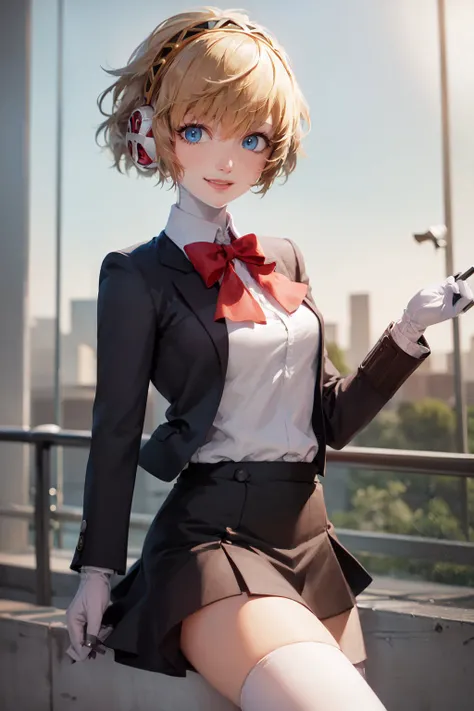 (masterpiece, best quality:1.2), <lora:persona3_aigis-12:1>, cowboy shot, solo, 1girl, aegis, android, robot joints, smile, looking at viewer, headphones, school uniform, skirt