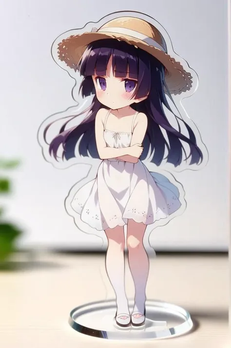 1girl,solo,petite,slender,small breasts,full body,on table,gokou ruri,white summer dress,straw hat,shy pose,(acrylic stand), cut shape character(anime-style character acrylic stand. The acrylic stand is cut to the shape of the character) <lora:acrylicStand:1> <lora:ruri_XL:0.7>,masterpiece,best quality, very aesthetic, absurdres, ultra detailed <lora:better skin typeB-v1:0.4>
