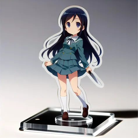 1girl,solo,petite,slender,full body,on table,aragaki ayase,school uniform,hold kitchen knife,empty eyes,smile,(acrylic stand), cut shape character(anime-style character acrylic stand. The acrylic stand is cut to the shape of the character) <lora:acrylicStand:1> ,masterpiece,best quality, very aesthetic, absurdres,  ultra detailed  <lora:Ayase_Aragaki_-_Oreimo:0.7>