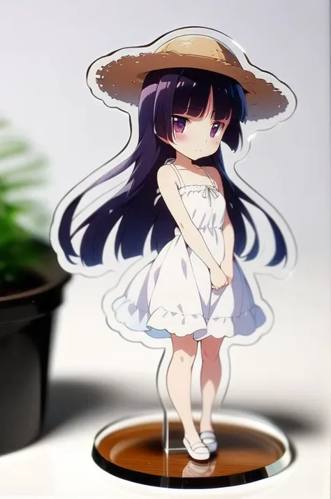 1girl,solo,petite,slender,small breasts,full body,on table,gokou ruri,white summer dress,straw hat,shy pose,(acrylic stand), cut shape character(anime-style character acrylic stand. The acrylic stand is cut to the shape of the character) <lora:acrylicStand:1> <lora:ruri_XL:0.7>,masterpiece,best quality, very aesthetic, absurdres, ultra detailed