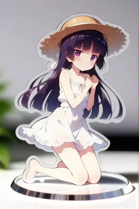 1girl,solo,petite,slender,small breasts,full body,on table,gokou ruri,white summer dress,straw hat,shy pose,(acrylic stand), cut shape character(anime-style character acrylic stand. The acrylic stand is cut to the shape of the character) <lora:acrylicStand:1> <lora:ruri_XL:0.7>,masterpiece,best quality, very aesthetic, absurdres, ultra detailed <lora:better skin typeB-v1:0.4>