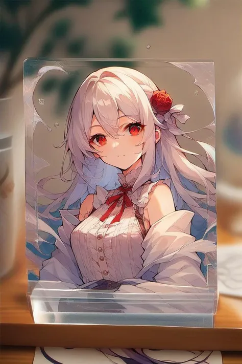 source_anime,score_9, score_8_up, score_7_up, rating_safe, <lora:acrylicStandPony:1> (acrylic stand,girl in acrylic board),delicate detailed acrylic frame,acrylic stand on table,1girl, long hair, white hair, red eyes,