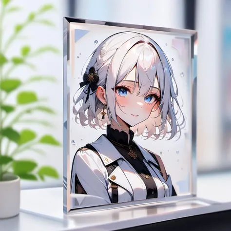 anime character with blue eyes and white hair in a glass block