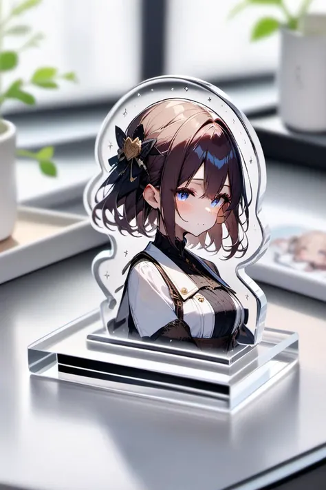 anime character with a black hair and blue eyes sitting on a desk