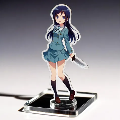 1girl,solo,petite,slender,full body,on table,aragaki ayase,school uniform,hold kitchen knife,empty eyes,smile,open mouth(acrylic stand), cut shape character(anime-style character acrylic stand. The acrylic stand is cut to the shape of the character) <lora:acrylicStand:1> ,masterpiece,best quality, very aesthetic, absurdres,  ultra detailed  <lora:Ayase_Aragaki_-_Oreimo:0.7>