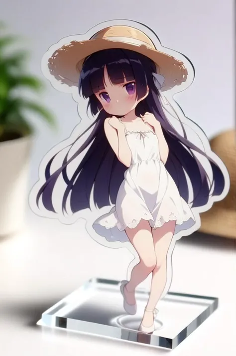 1girl,solo,petite,slender,small breasts,full body,on table,gokou ruri,white summer dress,straw hat,shy pose,(acrylic stand), cut shape character(anime-style character acrylic stand. The acrylic stand is cut to the shape of the character) <lora:acrylicStand:1> <lora:ruri_XL:0.7>,masterpiece,best quality, very aesthetic, absurdres, ultra detailed <lora:better skin typeB-v1:0.4>