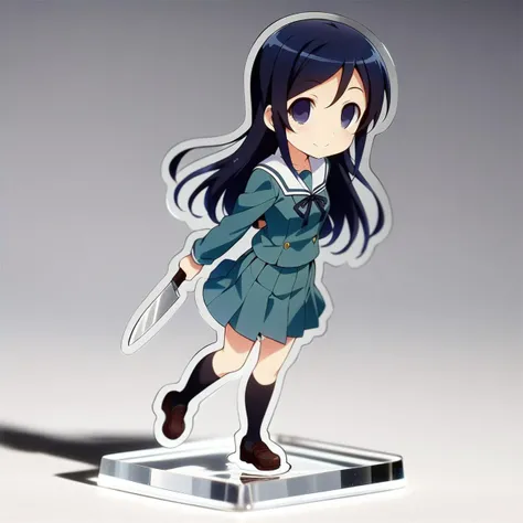 1girl,solo,petite,slender,full body,on table,aragaki ayase,school uniform,hold kitchen knife,empty eyes,smile,(acrylic stand), cut shape character(anime-style character acrylic stand. The acrylic stand is cut to the shape of the character) <lora:acrylicStand:1> ,masterpiece,best quality, very aesthetic, absurdres,  ultra detailed  <lora:Ayase_Aragaki_-_Oreimo:0.7>