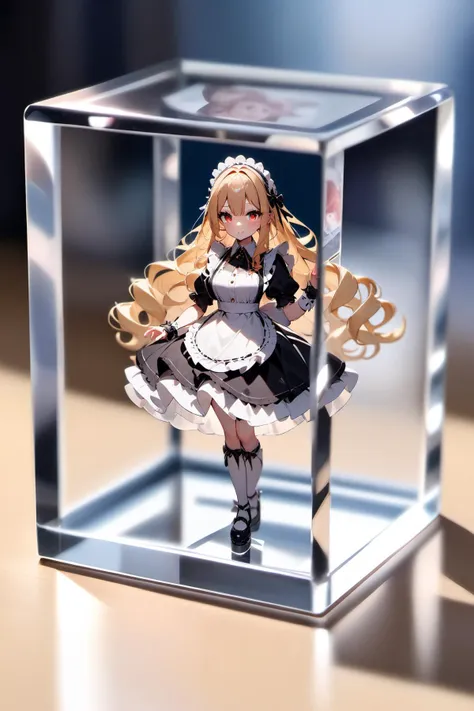 a close up of a small glass box with a doll inside of it