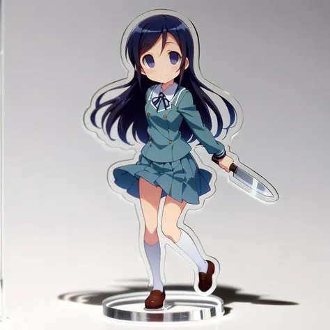 1girl,solo,petite,slender,full body,on table,aragaki ayase,school uniform,hold kitchen knife,empty eyes,smile,(acrylic stand), cut shape character(anime-style character acrylic stand. The acrylic stand is cut to the shape of the character) <lora:acrylicStand:1> ,masterpiece,best quality, very aesthetic, absurdres,  ultra detailed  <lora:Ayase_Aragaki_-_Oreimo:0.7>