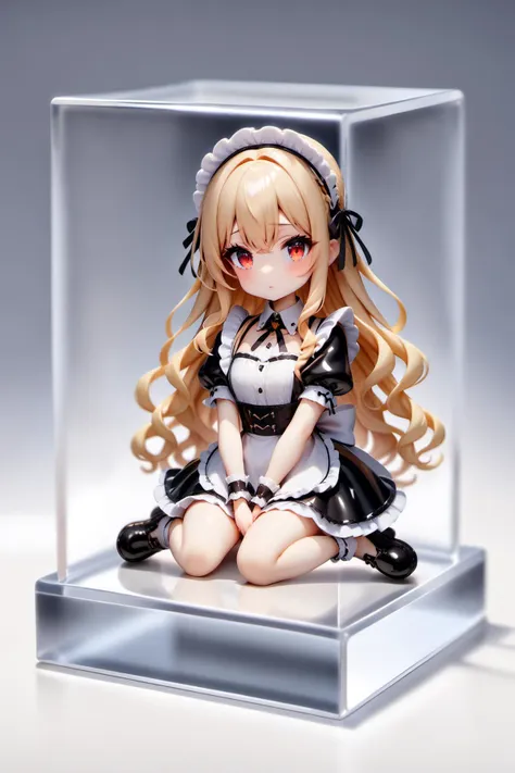 <lora:AcrylicStandXLv2:0.9> (pvc figure in acrylic cube), maid,long hair, blond hair, red eyes,wavy hair, 1girl,spotlight, ((beautiful background)) <lora:uchinokoset1anima31:0.4> (pvc),sitting, wariza