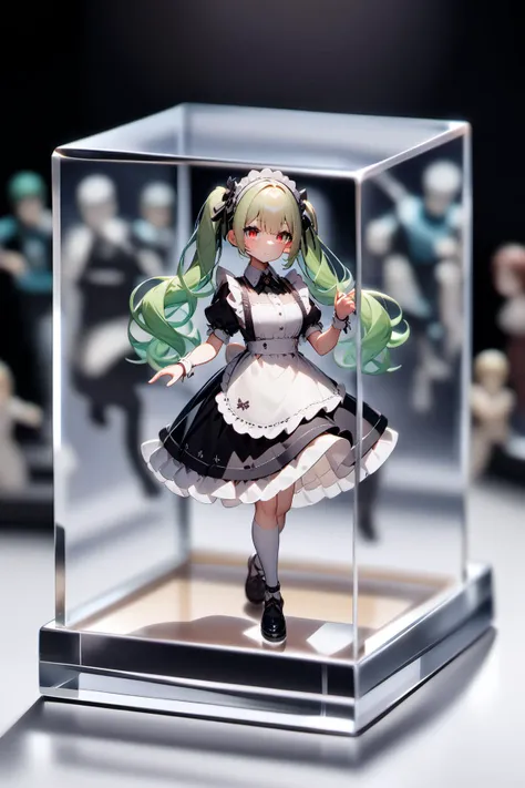 <lora:AcrylicStandXLv2:0.9> (figure in acrylic cube), figure, maid,long hair, green hair, red eyes,twintails, 1girl,spotlight,