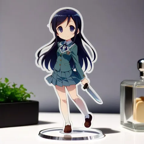 1girl,solo,petite,slender,full body,on table,aragaki ayase,school uniform,hold kitchen knife,empty eyes,smile,(acrylic stand), cut shape character(anime-style character acrylic stand. The acrylic stand is cut to the shape of the character) <lora:acrylicStand:1> ,masterpiece,best quality, very aesthetic, absurdres,  ultra detailed  <lora:Ayase_Aragaki_-_Oreimo:0.7>