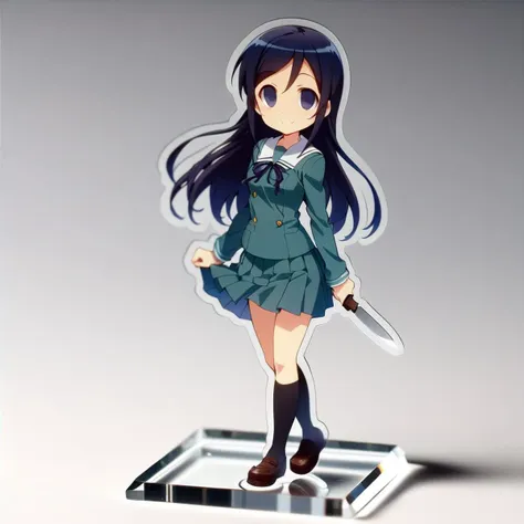 1girl,solo,petite,slender,full body,on table,aragaki ayase,school uniform,hold kitchen knife,empty eyes,smile,(acrylic stand), cut shape character(anime-style character acrylic stand. The acrylic stand is cut to the shape of the character) <lora:acrylicStand:1> ,masterpiece,best quality, very aesthetic, absurdres,  ultra detailed  <lora:Ayase_Aragaki_-_Oreimo:0.7>