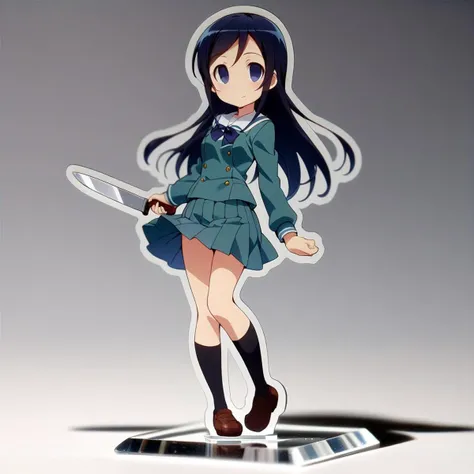 1girl,solo,petite,slender,full body,on table,aragaki ayase,school uniform,hold kitchen knife,empty eyes,smile,(acrylic stand), cut shape character(anime-style character acrylic stand. The acrylic stand is cut to the shape of the character) <lora:acrylicStand:1> ,masterpiece,best quality, very aesthetic, absurdres, ultra detailed <lora:Ayase_Aragaki_-_Oreimo:0.7>