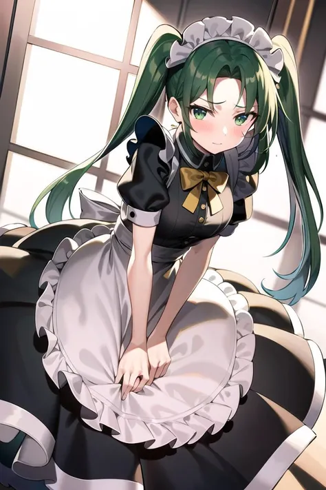 best quality, masterpiece, solo, 1girl, mimav1, <lora:mima-10:0.9>, maid, maid apron, twintails, embarrassed, maid headdress,