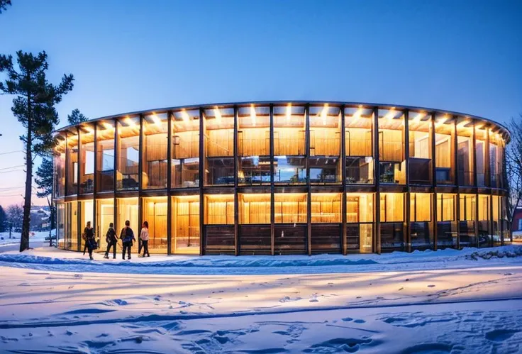 The building is in the snowy landscape of winter, pedestrian, sky blue and off-white exterior wall, Bauhaus style, <lora:UIAXD2.0:0.6> <lora:add_detail:0.6>