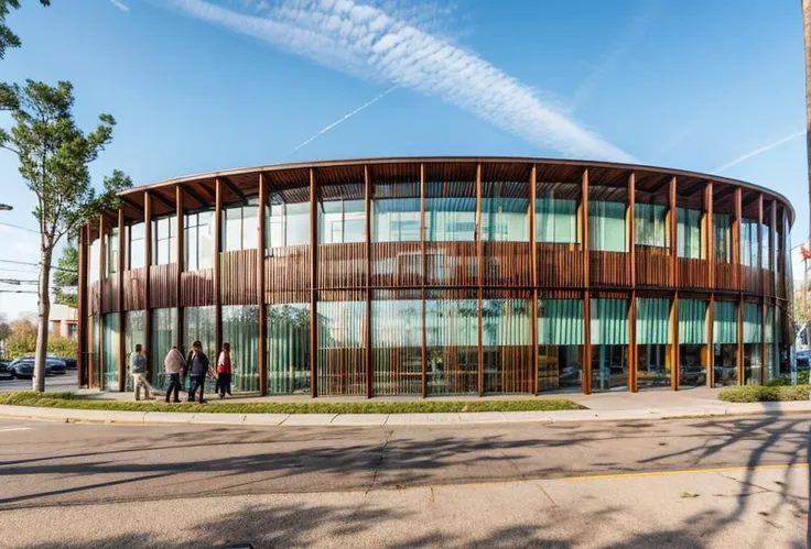 The building is in the middle of spring with scattered green leaves on the floor,pedestrian, sky blue and off-white exterior wall, Bauhaus style, <lora:UIAXD2.0:0.6> <lora:add_detail:0.6>