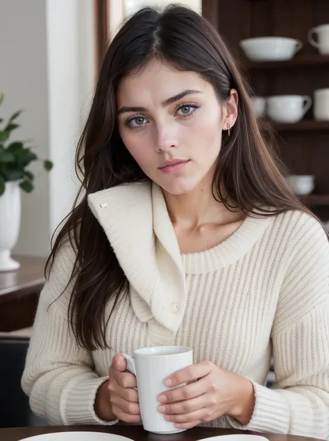 Analog photo, tv_Olivia_Olympiakis_MXAI , wearing a cozy sweater, sitting in a cafe, holding a cup of steaming tea, flirty expression,, (((Ultra-HD-details, Ultra-HD-detailed, Ultra-HD-realistic, Ultra-HD-photo-same-realistic-quality-details))), 8k uhd, dslr, soft lighting, high quality, film grain, Fujifilm XT3