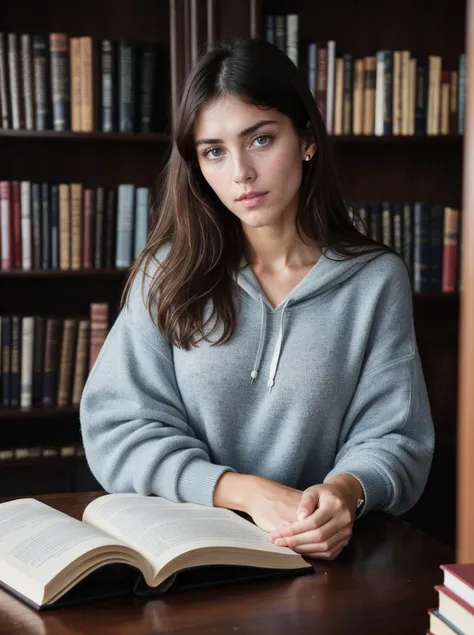 Analog photo, tv_Olivia_Olympiakis_MXAI , intense expression, wearing shorts and a hoodie, reading a book in a huge old library, full body shot,, (((Ultra-HD-details, Ultra-HD-detailed, Ultra-HD-realistic, Ultra-HD-photo-same-realistic-quality-details))), 8k uhd, dslr, soft lighting, high quality, film grain, Fujifilm XT3