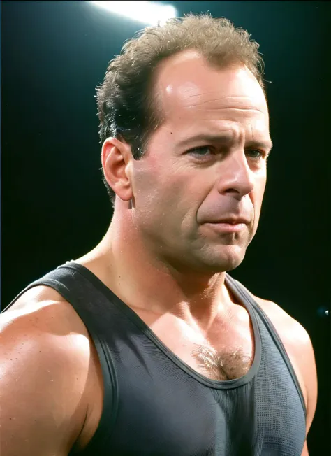 sksman, optimistic , wearing sleeveless shirt , with afro ash brown Textured crop , background wrestling ring epic (photo, studio lighting, hard light, sony a7, 50 mm, matte skin, pores, colors, hyperdetailed, hyperrealistic), <lyco:Bruce WillisV2:1.1>