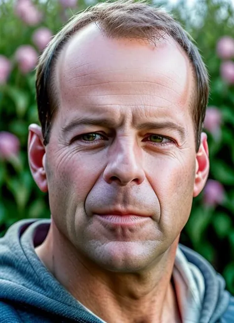 portrait of sksman, flustered , wearing hoodie , with clean-shaven titian Textured crop , background field of flowers epic (photo, studio lighting, hard light, sony a7, 50 mm, matte skin, pores, colors, hyperdetailed, hyperrealistic), <lyco:Bruce WillisV2:1.0>