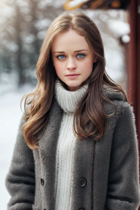 professional portrait photograph of a alexisbl3del in winter clothing with long hair, sultry flirty look, (freckles), gorgeous symmetrical face, cute natural makeup, wearing elegant warm winter fashion clothing, ((standing outside in snowy city street)), stunning modern urban environment, ultra realistic, concept art, elegant, highly detailed, intricate, sharp focus, depth of field, f/1. 8, 85mm, medium shot, mid shot, professionally color graded, bright soft diffused light, (volumetric fog), trending on instagram, hdr 4k, 8k