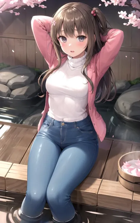 (masterpiece, best quality:1.4), insaneres, absurdres, solo, looking at viewer,BREAK 
FAP_ARTSTYLE_sasaame_ra_ownwaifu,
1girl, black eyes, brown hair, long hair, medium breasts, makeup,
long sleeves, sweater, pink jacket, turtleneck, blue pants, formal, 
(sitting, soaking feet, arms behind head), onsen, mount fuji, cherry blossoms, outdoors,<lora:FAP_ARTSTYLE_sasaame_ra_ownwaifu:0.65>, depth of field