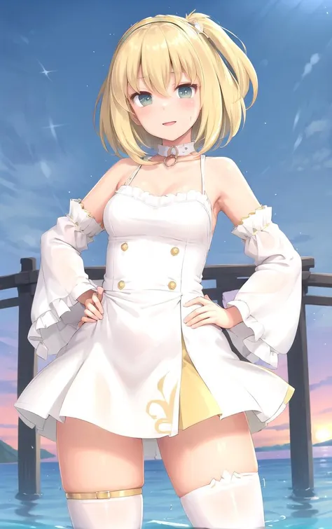 (masterpiece, best quality:1.4), insaneres, absurdres, solo, looking at viewer,BREAK 
FAP_ARTSTYLE_sasaame_ra_ownwaifu,
1girl, armlet, bangs, bare shoulders, blonde hair, collarbone, frills, hair between eyes,  skirt, thighs, white jacket, wide sleeves, yellow thighhighs
(contrapposto, hand on hip), sunset, sidelighting, outdoors, <lora:FAP_ARTSTYLE_sasaame_ra_ownwaifu:1> , depth of field